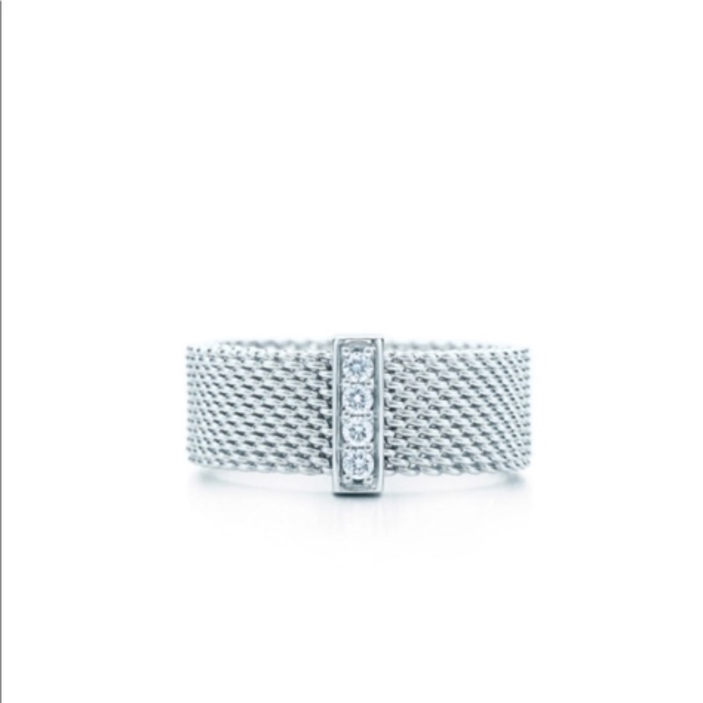 Tiffany &Co Sterling Silver Mesh Ring w/4 diamonds